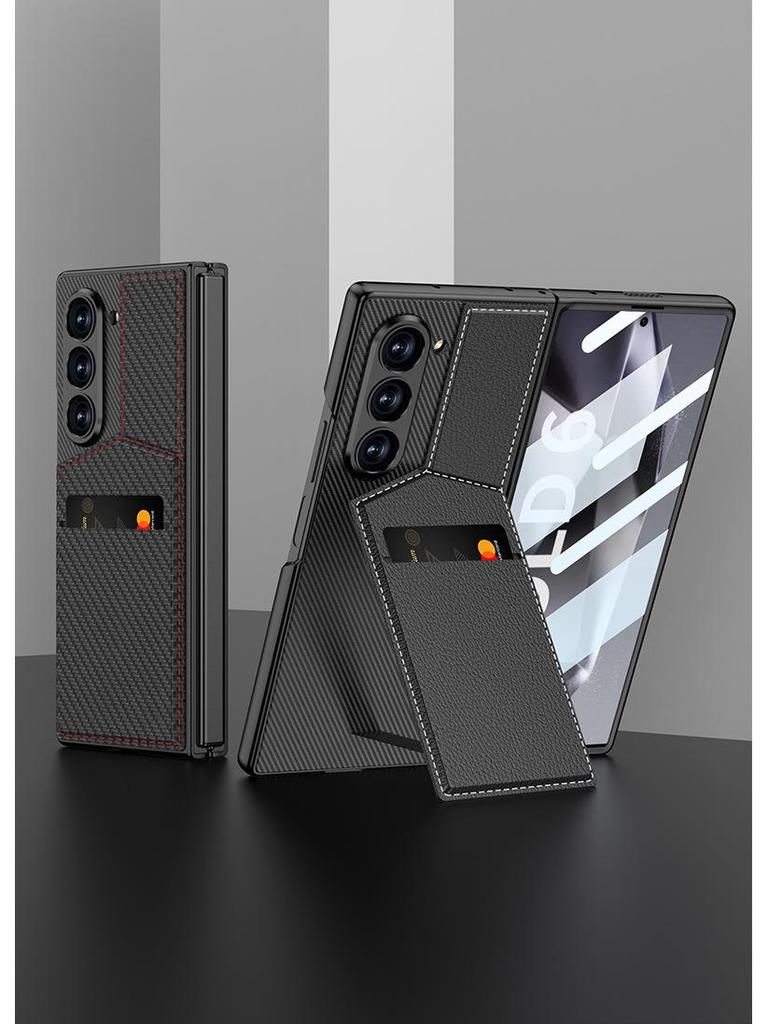 Samsung Z Fold 6 Card Holder Stand Case - Premium Leather with Film Integrated Protection
