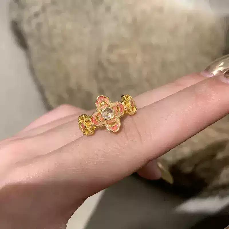 24k Oil Drop Flower Opening Ring Women's Niche Design, Fashionable Light Luxury Ring Versatile Jewelry Women