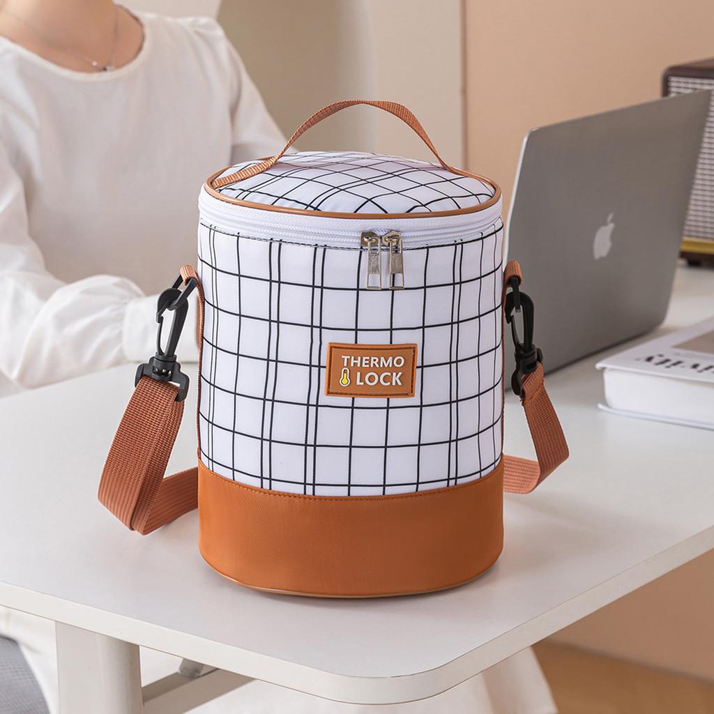 Simple Cylindrical Heat Preservation Bento Bag With Grid Design And Letter Print