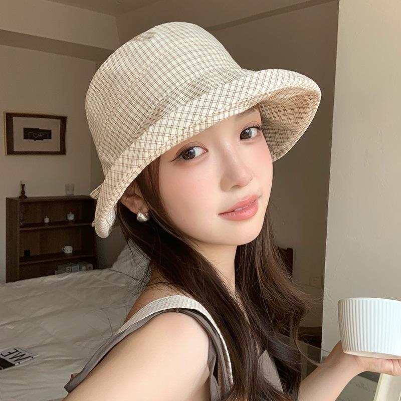 

Корейские милые панамы с клетчатым ремешком в сочетающейся цветовой гамме, женские летние панамы с большими полями для защиты от солнца, универсальная повседневная шляпа-ведро