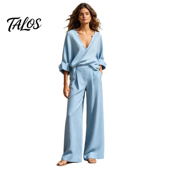 Talos Damen 2-teiliges Baumwoll-Leinen-Set, Langarm V-Ausschnitt Bluse und Weite Hosen passende Sommerurlaub Lounge Outfits