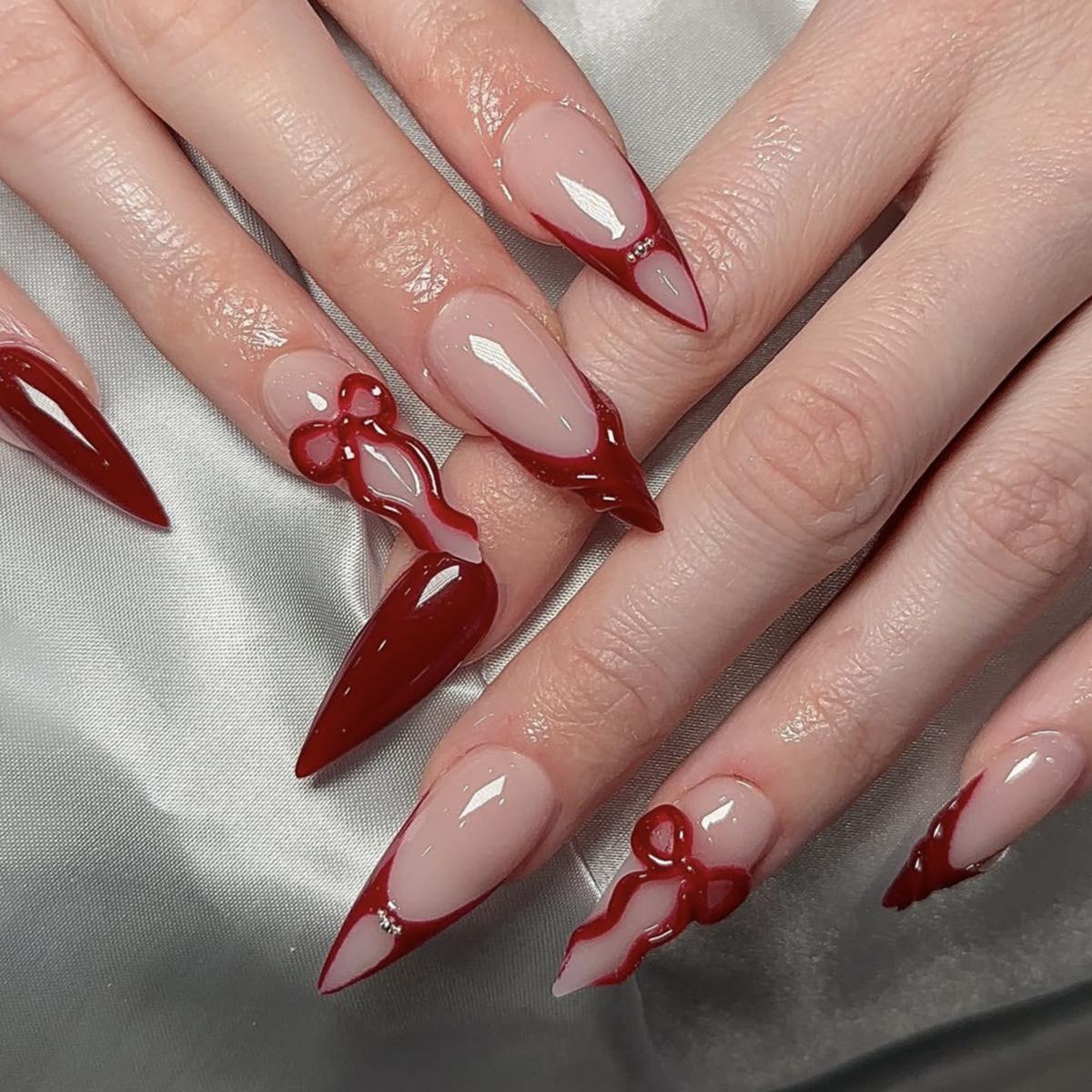 24pcs 3D Wearable Gradient Long Pointed Nails with Bow - European & American Style