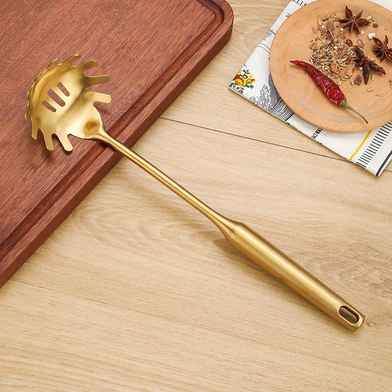 Gold Stainless Steel Kitchen Utensil Set: Shovel, Frying Spoon & Large Soup Spoon.