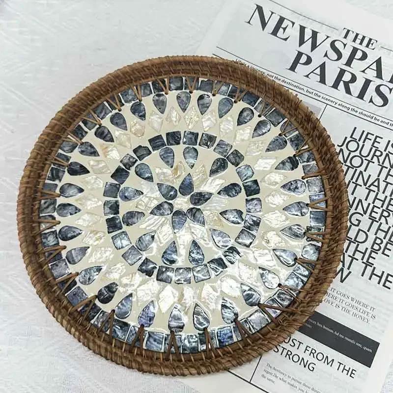

Hand Woven Mosaic Tray Decorative Round Rattan Serving With Mother Of Pearl Inlay For Snacks Dried Fruit Plate Home Ornamen 118 синий