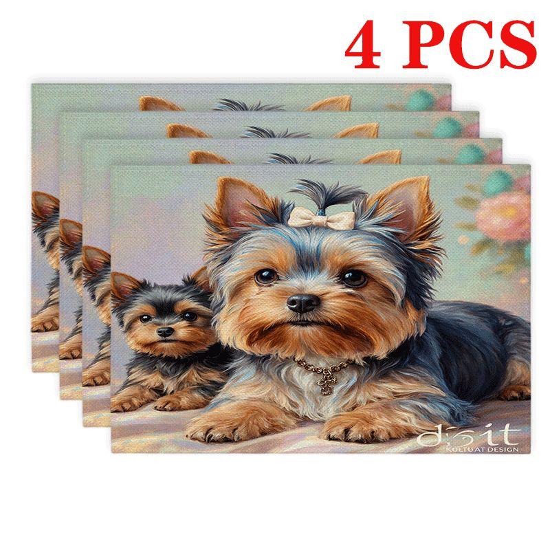 4/6pcs Rectangular Placemats - 12X18 Inch Cartoon Yorkshire Terrier Table Mats with 2D Element Design