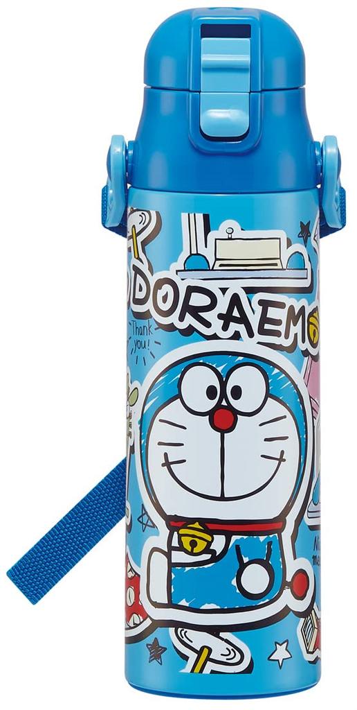 Skater Kids' Stainless Steel Water Bottle, 2-Way Design, 580ml (Direct Drinking), 570ml (Cup Drinking), Doraemon Sticker, Lightweight, Insulated, and