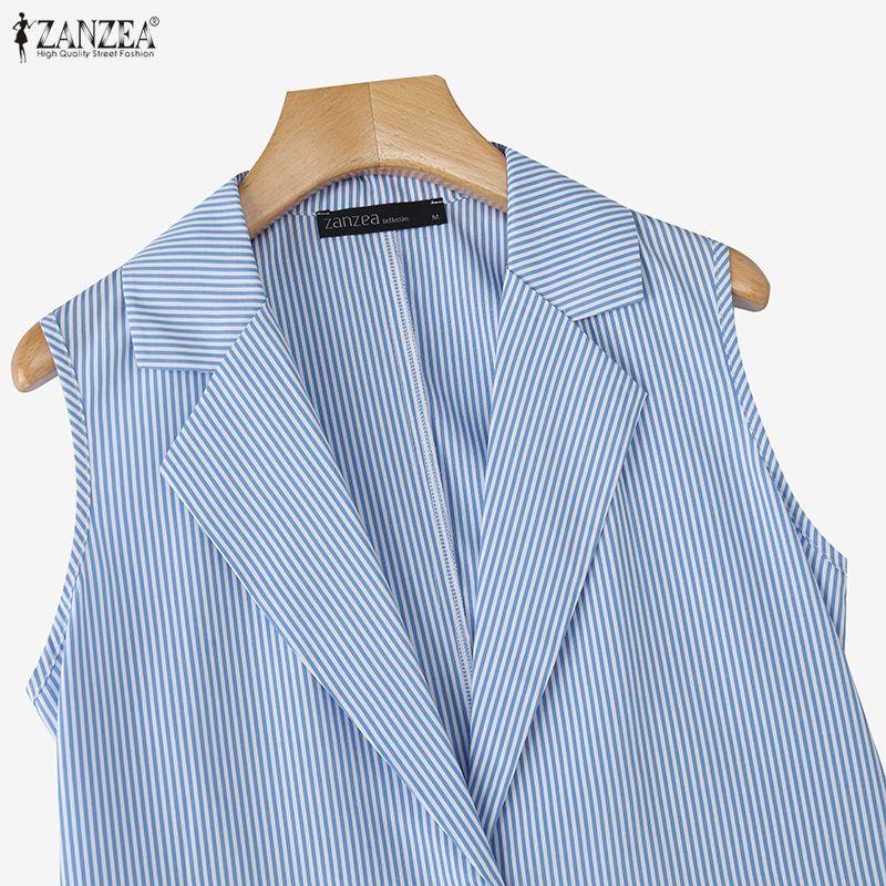 ZANZEA Women Casual Turn Down Collar Sleeveless Stripe Cardigan Vest