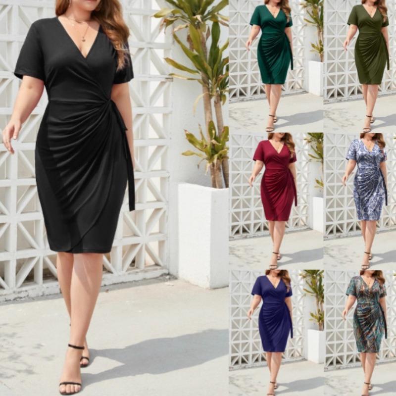 Dress Plus Size Women's Plus Size Solid Color Casual Vacation Dress Strap Vacation V-neck Mid-length Dress
