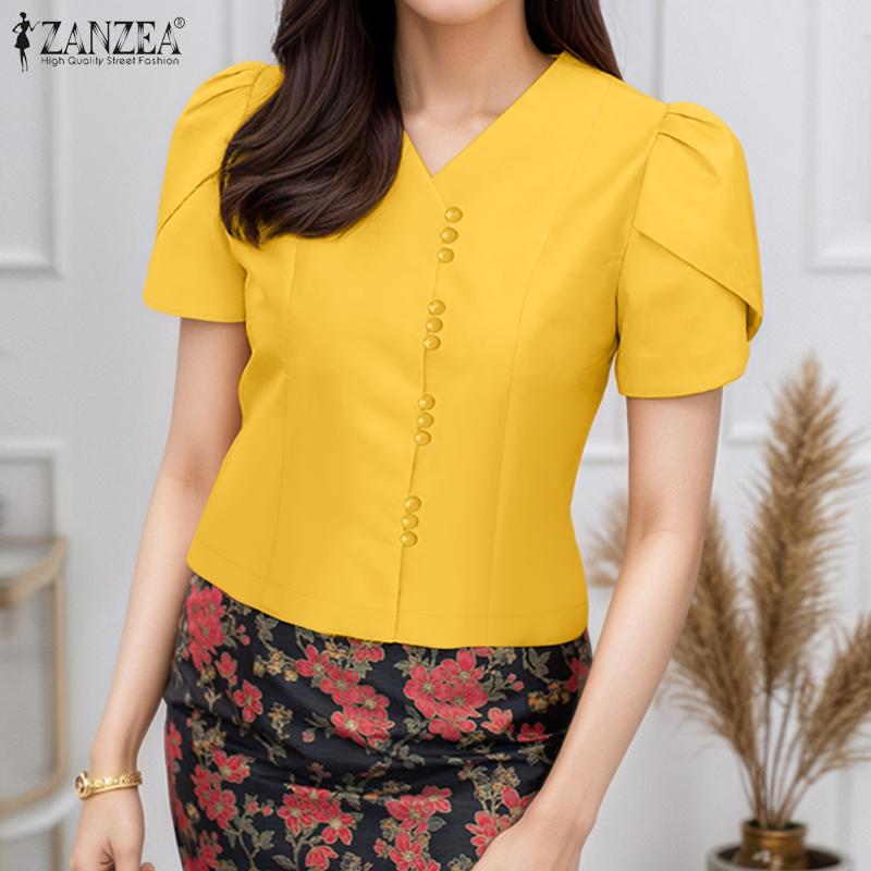 ZANZEA Women Casual V-Neck Solid Color Short Sleeve Blouse