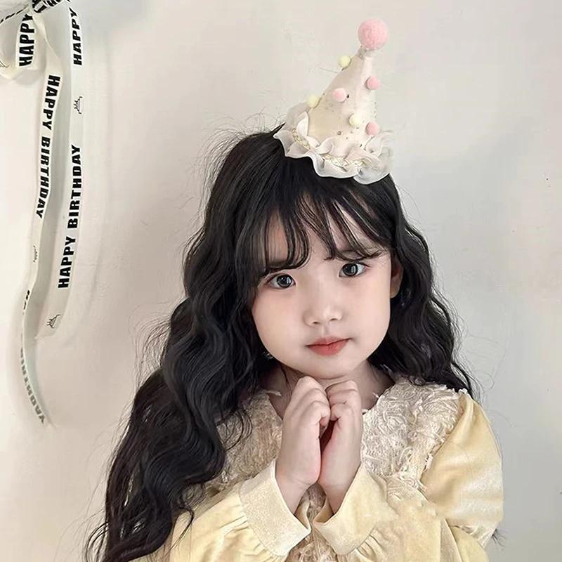 Cute Bow Pompom Birthday Hat Hair Clips Sweet Girl Headwear Party Hair Accessories Kids Photography Props
