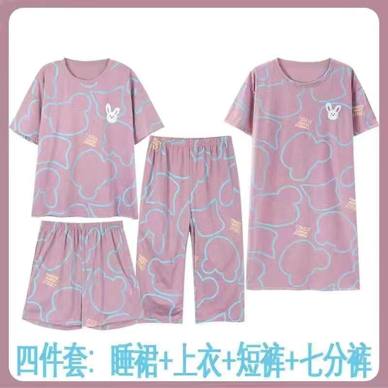 Pajamas women's summer round neck short-sleeved nightgown summer loose cropped pants loungewear set