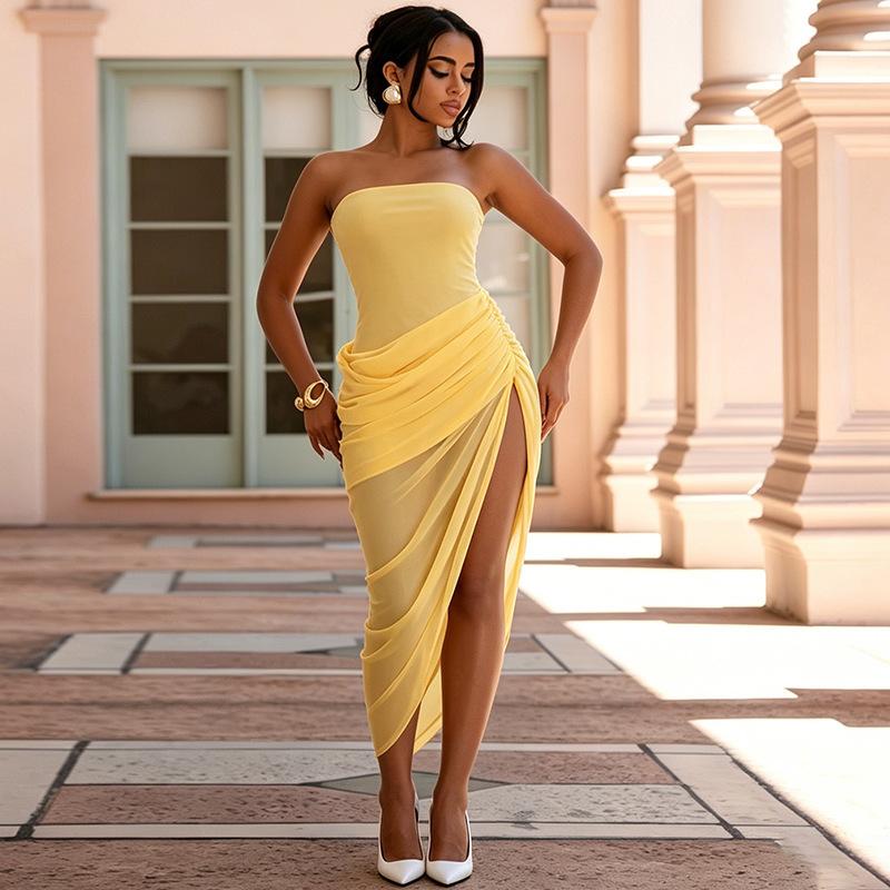 New fashion tube top sexy mesh perspective splicing hip-wrapped split dress XS