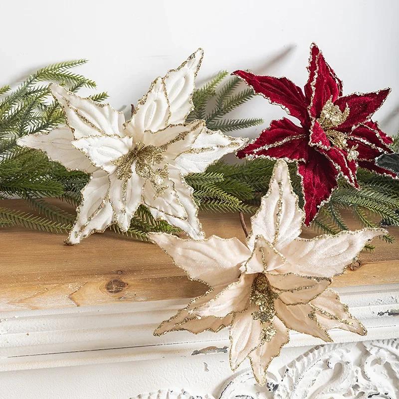 New 24cm Velvet Christmas Flowers Artificial Flowers Christmas Tree Fabric Insert Floral Decor Atmosphere Arrangement Ornament