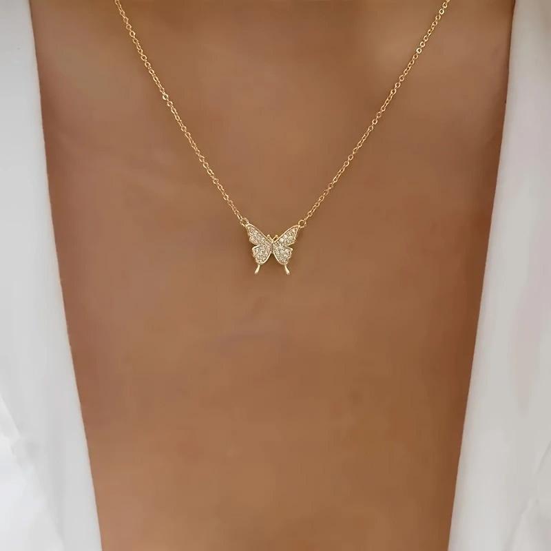 

Elegant Rhinestone Butterfly Pendant Necklace Simple Thin Metal Chain Choker Necklace Women s Trendy Party Neck Zircon