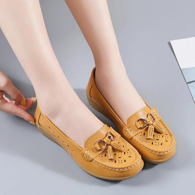 Summer Leather Women's Shoes Moccasins Platform Soft Boat Fashion Cutout Flats Casual Low Heel Nurse Lolita Shoes