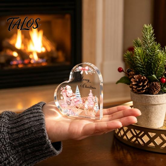 Romantic Christmas Gifts Heart Shaped Acrylic Tabletop Sign, 2D Winter Snow Scene Desktop Ornament Holiday Centerpieces with Santa, Snowman