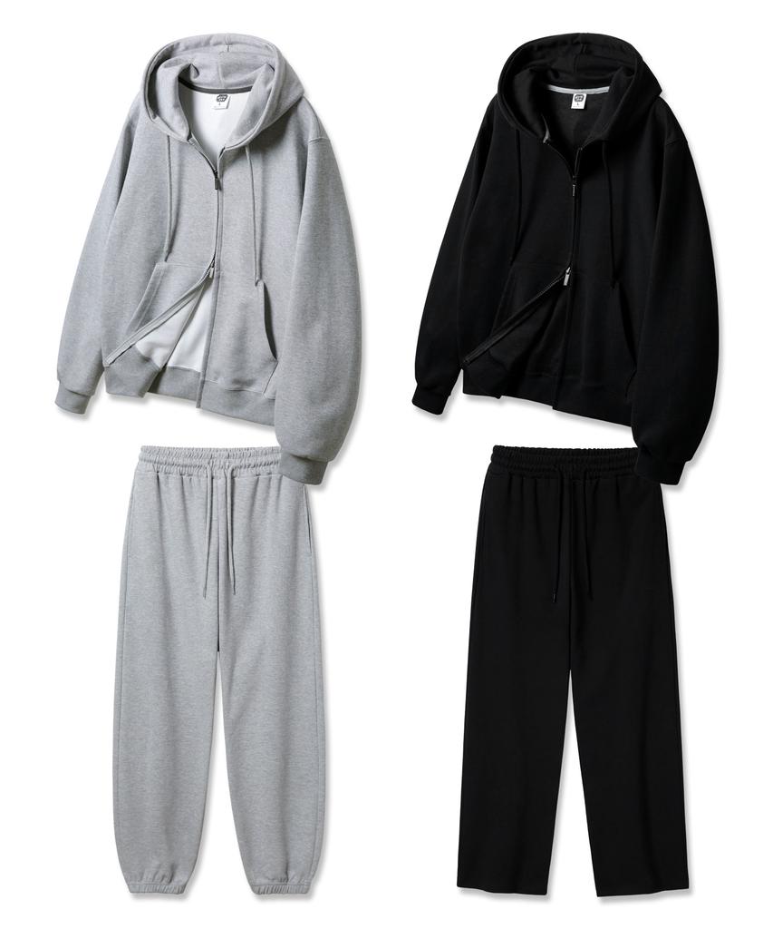Alvinclo [Set] Plain Regular Fit Two-Way Zip-Up Hoodie / Jogger Semi-Wide Training Pants Set