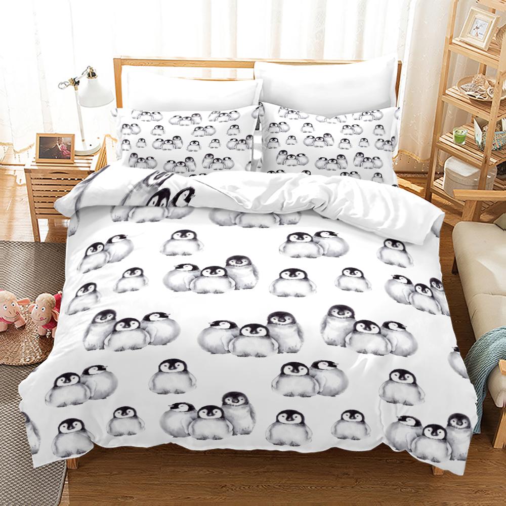 Antarctic Penguins Duvet Cover Set For Kid Girl Boy Cute Animals Polyester Comforter Cover Black White Print Bedspread King Size