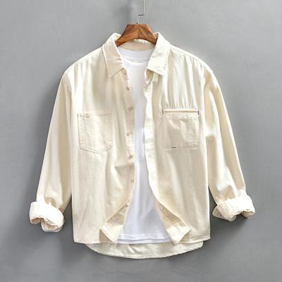 Japanese Style Cargo Long Sleeve Shirts for Men Spring Fall Loose Top Pure Cotton Double Pockets Red Shirt Thin Casual Jackets