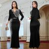C7290 Elegantes europäisches und amerikanisches Mode Damen V-Ausschnitt Kleid mit halblangen Ärmeln und Hot-Drill-Design