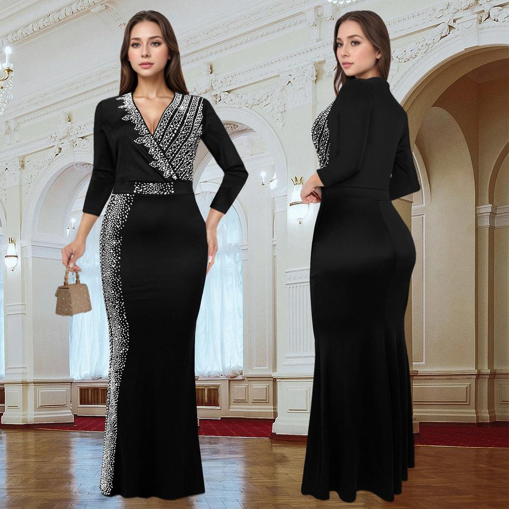 C7290 Elegantes europäisches und amerikanisches Mode Damen V-Ausschnitt Kleid mit halblangen Ärmeln und Hot-Drill-Design