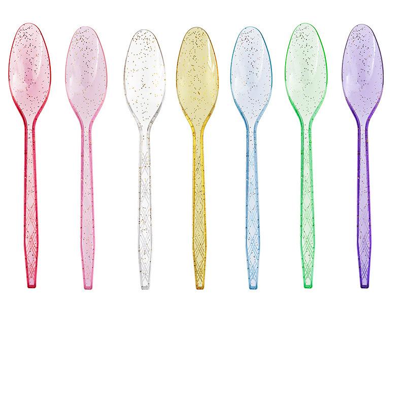 Spot Crystal Transparent Gold Powder Knife Fork Spoon Cake Dessert Disposable Tableware Birthday Party Theme Party