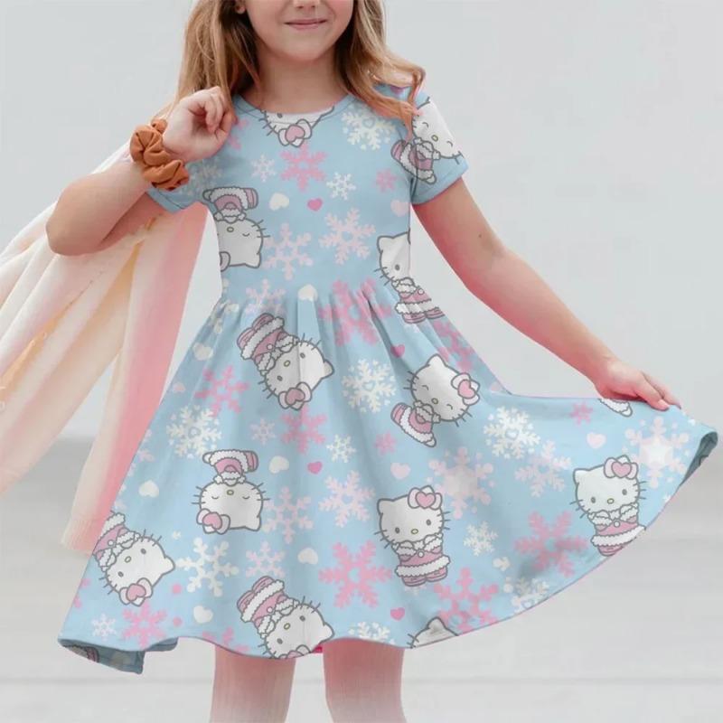 Sanrio 2026New Girls Summer Dress Fashion Cartoon Cute Hello Kitty 3DPrint Dresses Girl Short Sleeve Princess Vacation Clothing