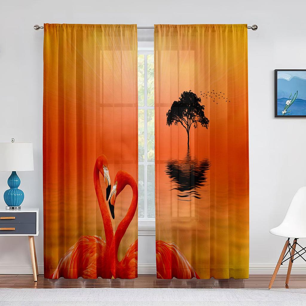 Rote Flamingos Kirschblüten Mond Tüll Vorhänge für Wohnzimmer Schlafzimmer Dekor Chiffon Transparent Voile Vorhang Küchenfenster Vorhänge