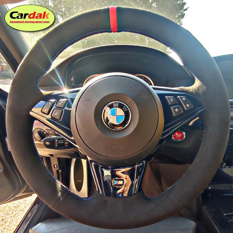 Full Black Suede Car Steering Wheel Cover For BMW E60 E61 E63 E64 530d M sport Steering Wheel Braid