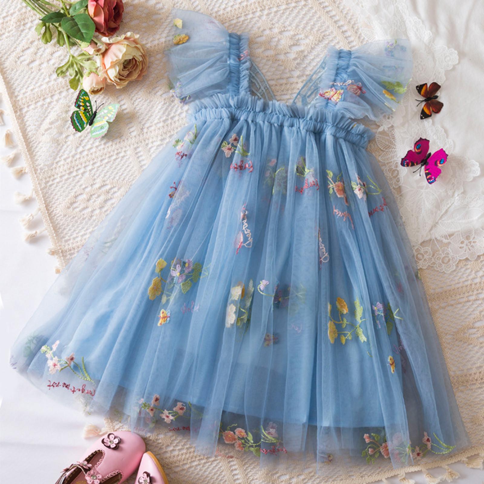 

Girls Fashion Cute Butterfly Princess Dress Colorful Flower Embroidery Dresses 120 синий