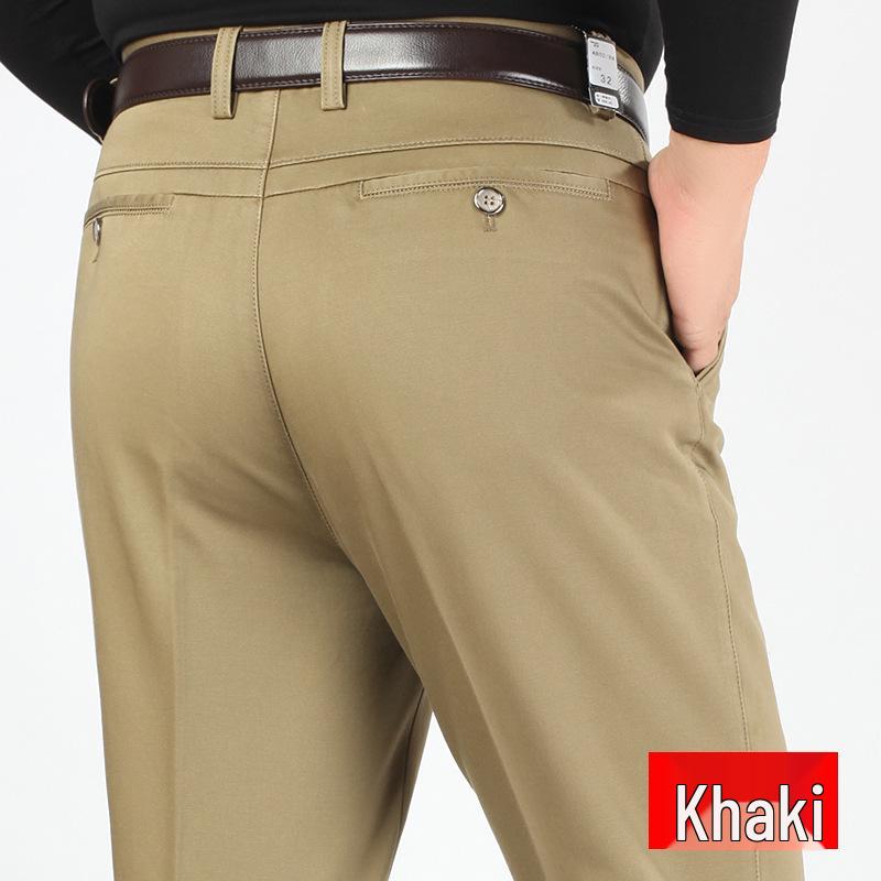 Men's High Waist Elastic Cotton Casual Pants - Thick, Loose, Straight Leg