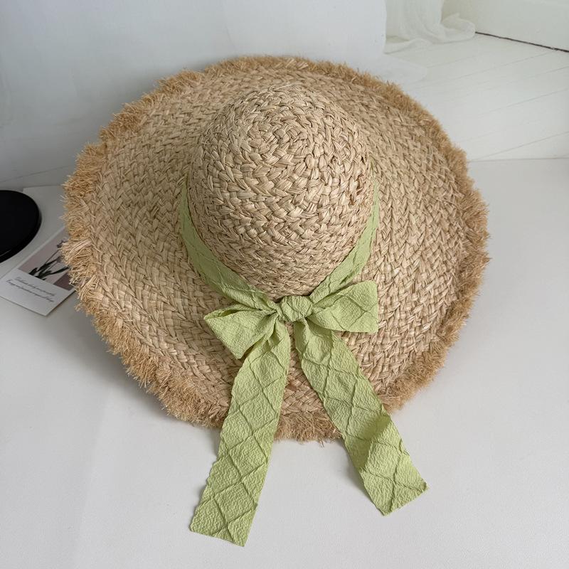 

Летняя шляпа из рафии с двойным бортом, женская большая шляпа, шляпа для защиты от солнца, пляжная шляпа с бантом, вязаная шляпа