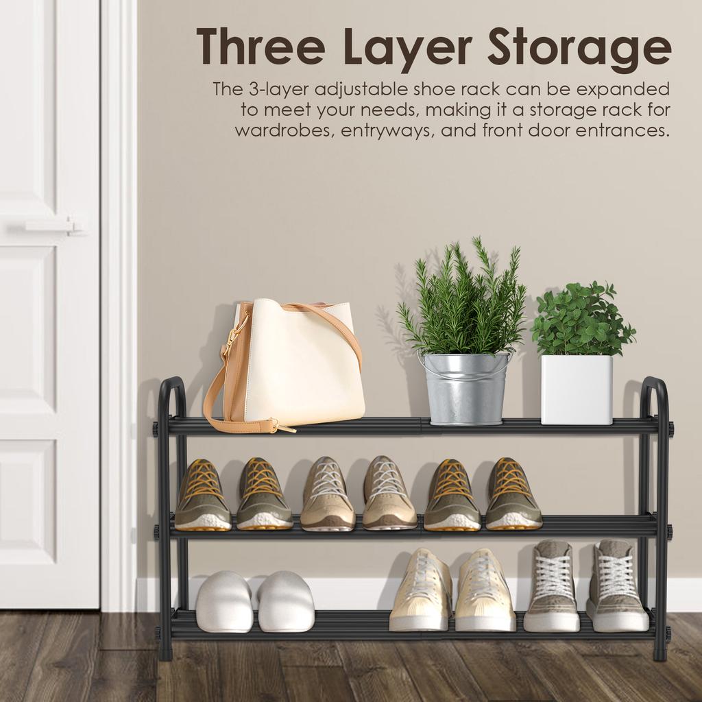 3 Ebenen Ausziehbarer Metallschuhständer Haushalt Mehrstöckiges Teleskopisches Schuhregal für Eingangsbereich Flur Tür Platzsparend