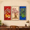 Livin'luxe Set of 3 Folk Animal Tree Wall Paintings with Sparkle Laminate, Premium Wooden Synthetic Frame, Deer Elephant Peacock Art