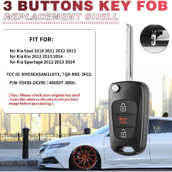 Flip Key Fob Shell Case Replacement Fits for Kia Soul 2011 2012 2013 2010 / Kia Rio / Kia Sportage 2012-2014 3 Button Car Keyless Entry Remote