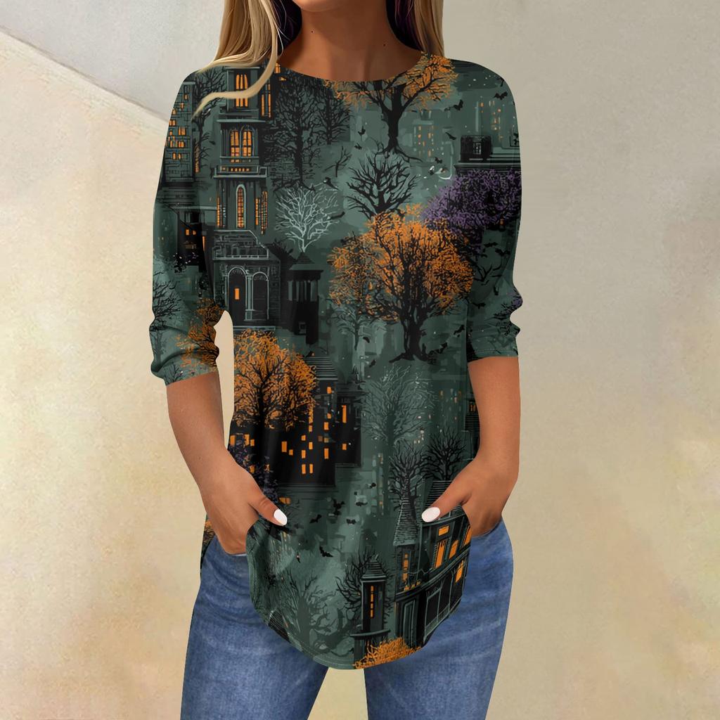 Women's Halloween Floral Print Three-Quarter Sleeve Neck T-Shirt