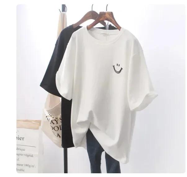 Unisex 2024 Summer New Smile Print Women's Short-sleeved Explosive Loose White T-shirt Top Women T Shirt