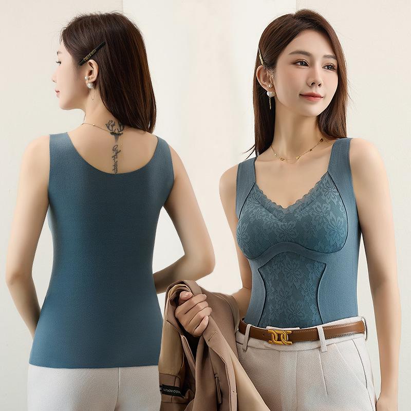 

Женский терможилет: Двусторонний бархат с начесом, бесшовное кружево, подкладка на груди, размер плюс, осенне-зимнее тепло XL [140-160 catties] синий