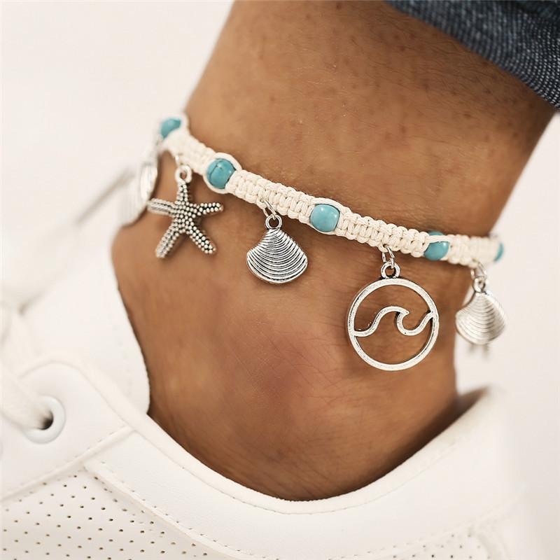 Modyle Vintage Silberfarbene Perlen Seestern Fußkettchen Für Damen Handgefertigt Perlen Fußkettchen Sommer Strand Fußschmuck