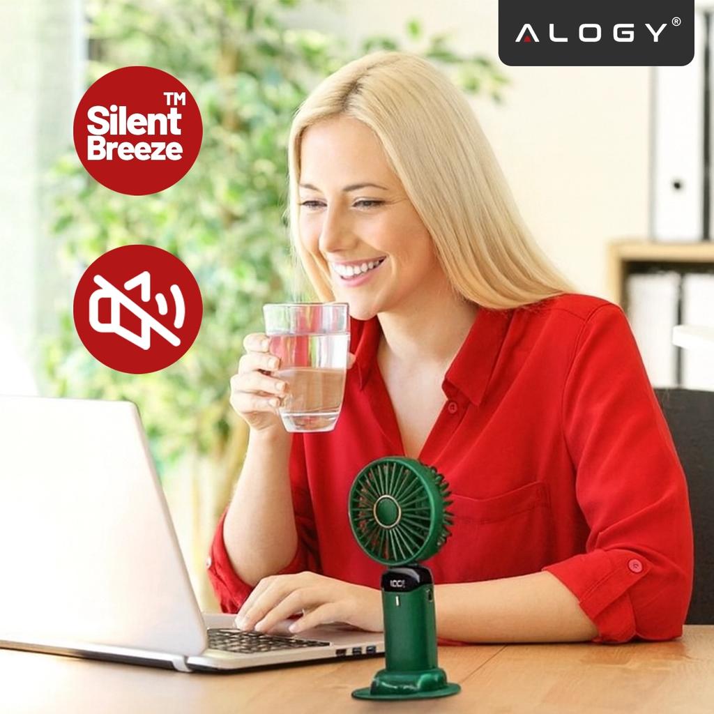 Handfläkt Trådlös, Bärbar Och Skrivbordsfläkt, Med Telefonhållare, USB-C Laddning, 18650 Batteri, Alogy Coolbreeze™ - Grön