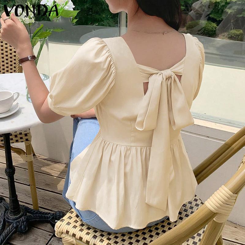 

VONDA Summer Women Square Collar Short Sleeve Back Bow Knot Casual Blouse 5XL абрикосовый