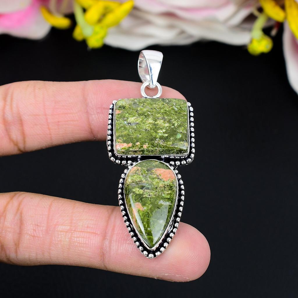 Unakite Gemstone Handmade 925 Sterling Silver Jewelry Pendant 2.56" KG-285