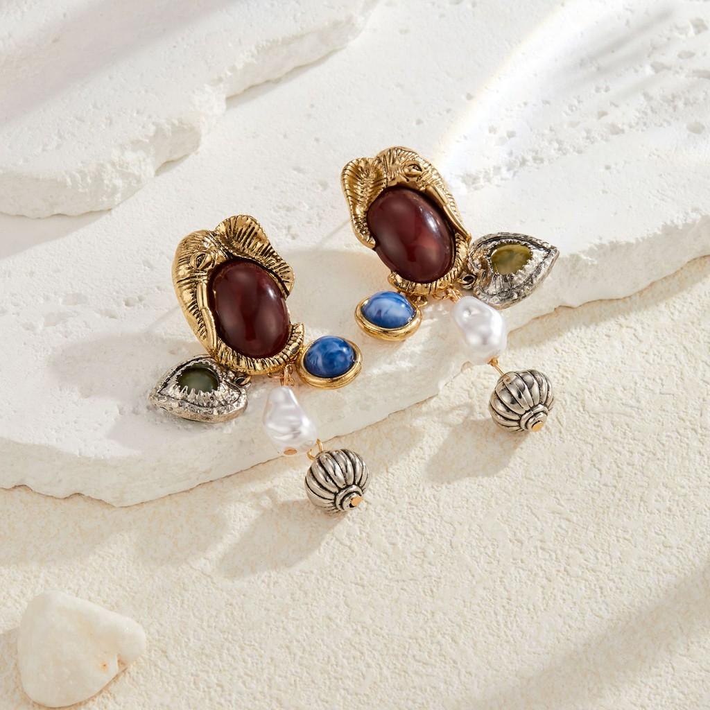 Elegant Retro Gemstone And Faux Pearl Earrings With Unique Shapes Asymmetrical