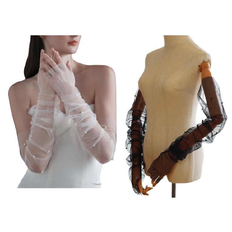 Decorative Paired Arm Warmer False Cuffs Pearls Tulle for Princess Dress False Sleeves Long Arm Covers