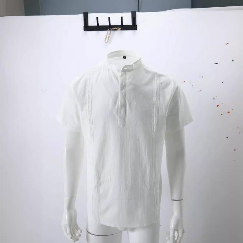 Pánská košile s krátkým rukávem, límečkem Henry, jednobarevná, kubánská Guayabela, bavlna len, top