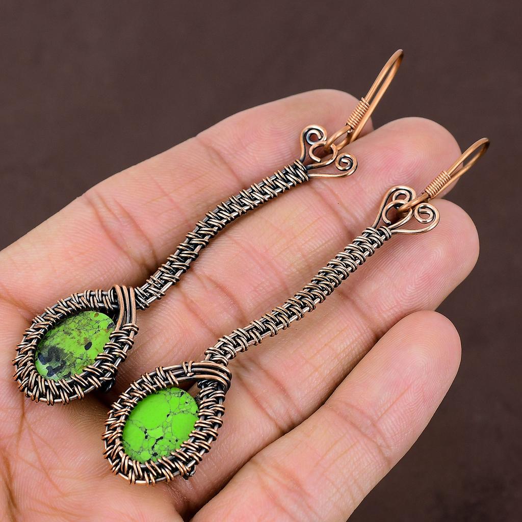 Natural Copper Green Turquoise Handmade Copper Wire Wrap Earring 3.66 C2z65