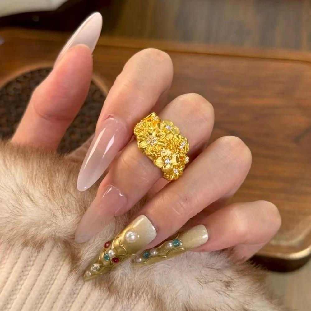 Sand Gold Rhinestone Accent Ring Glittering Gold Plated Ring  Women Accessories