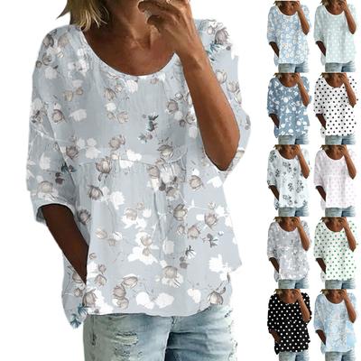 Blusa Casual Feminina de Moda Manga Três-Quartos Solta Gola Redonda Estampa Floral