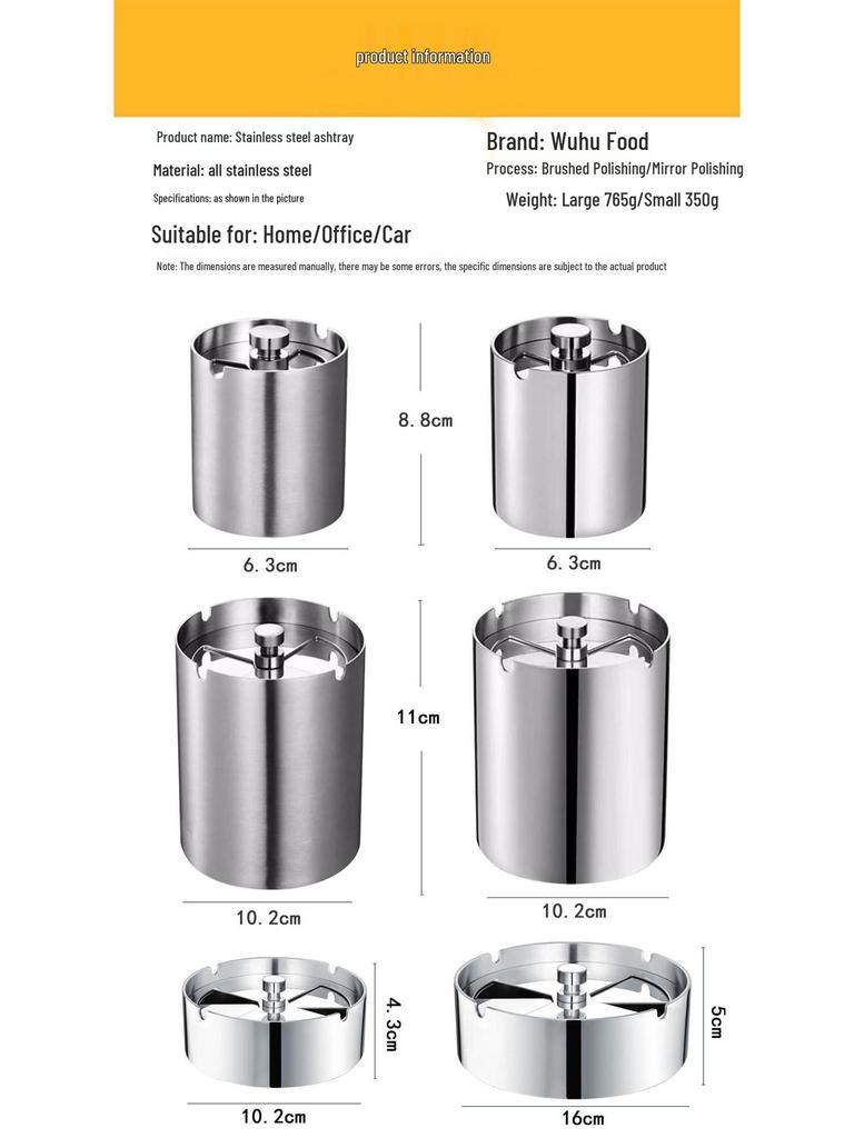 Seiko Stainless Steel Ashtray with Lid - Creative, Thickened Design for Home, Car, or Cafe Use