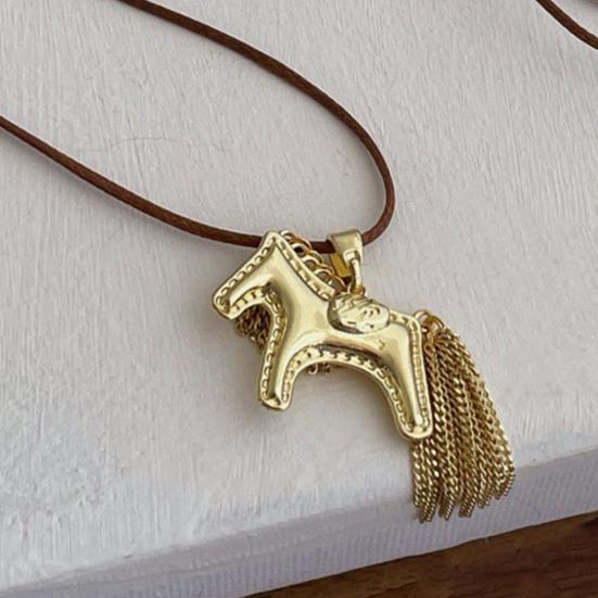 Horse Pendant Necklace Alloy Horse Charm with Tassel Tail Mane with Adjustable Rope Casual Animal Necklace